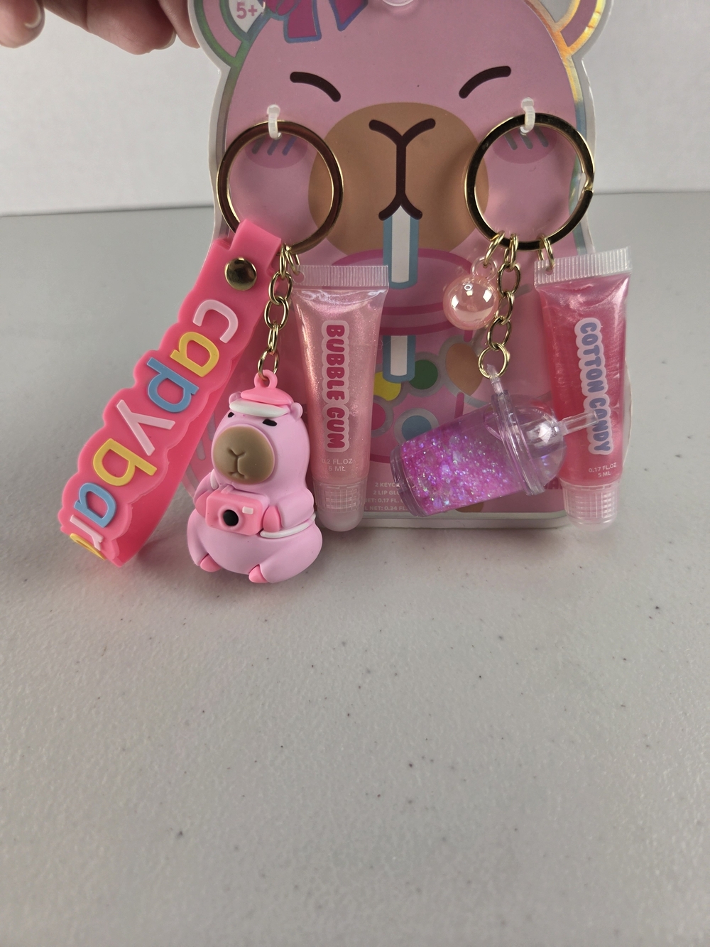 Capybara Pink Kids Keychain Lip Gloss & Charm Set - Picture 3 of 5